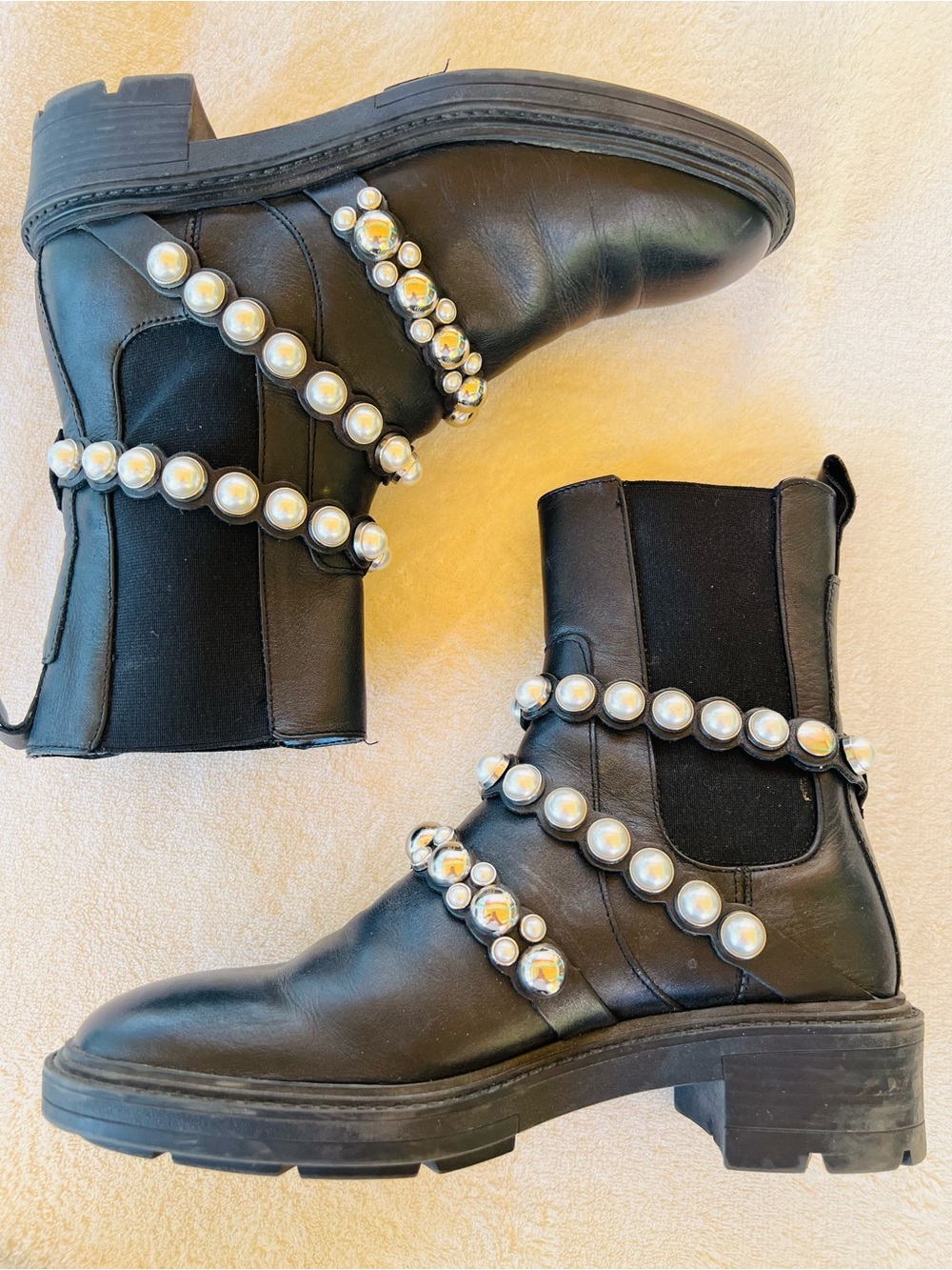 Zara Leather Pearl Strap Ankle Boots Block Heel Size 8 Black - Picture 9 of 12
